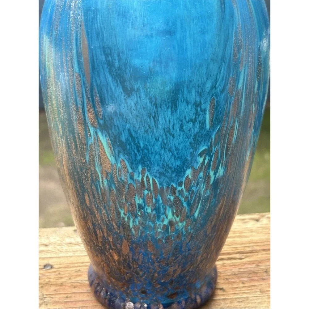 Dale Tiffany Turquoise Glass Vase w Infused Copper Design